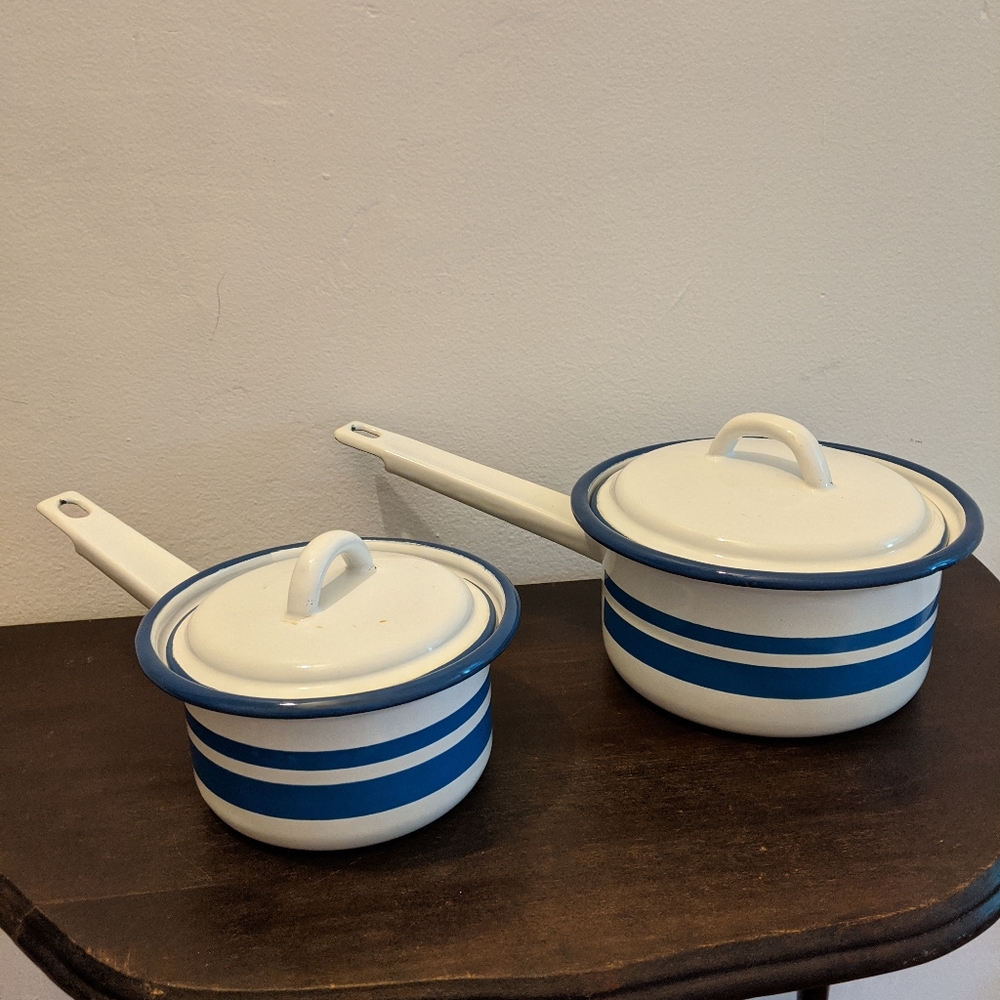Vintage Pots White with Blue Stripes